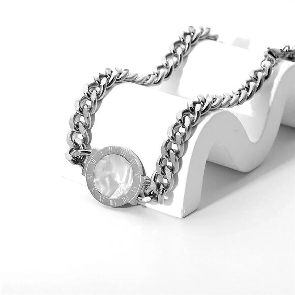 Jewelry - Stainless Steel Double Sided Roman Numerals Necklace in Silver